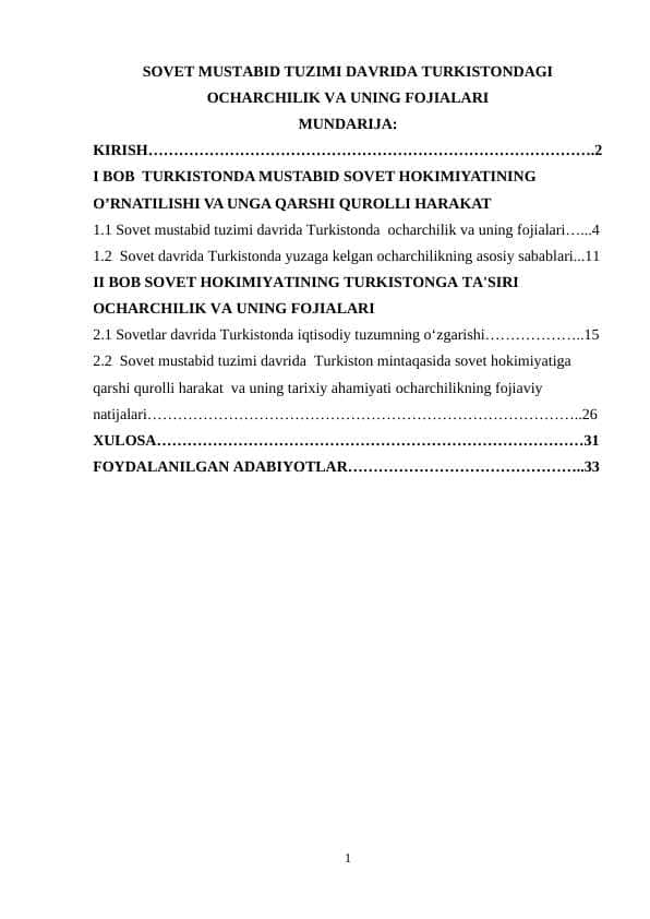 SOVET MUSTABID TUZIMI DAVRIDA TURKISTONDAGI OCHARCHILIK VA UNING FOJIALARI