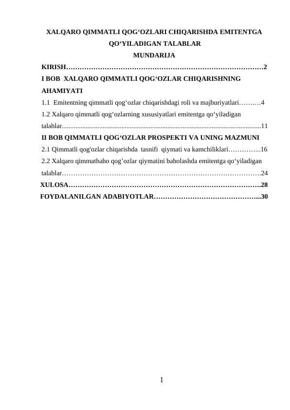 XALQARO QIMMATLI QOG‘OZLARI CHIQARISHDA EMITENTGA QO‘YILADIGAN TALABLAR