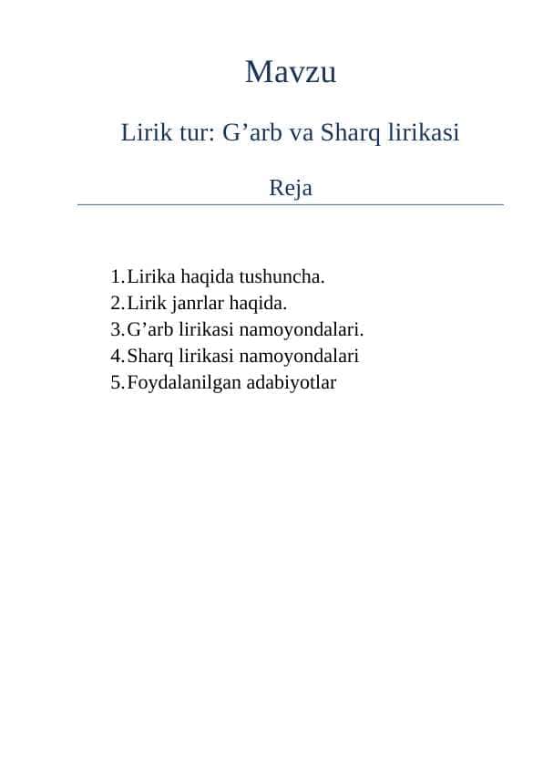 Mavzu_ Lirik tur. G'arb va Sharq lirikasi. Mustaqil ish doc.x