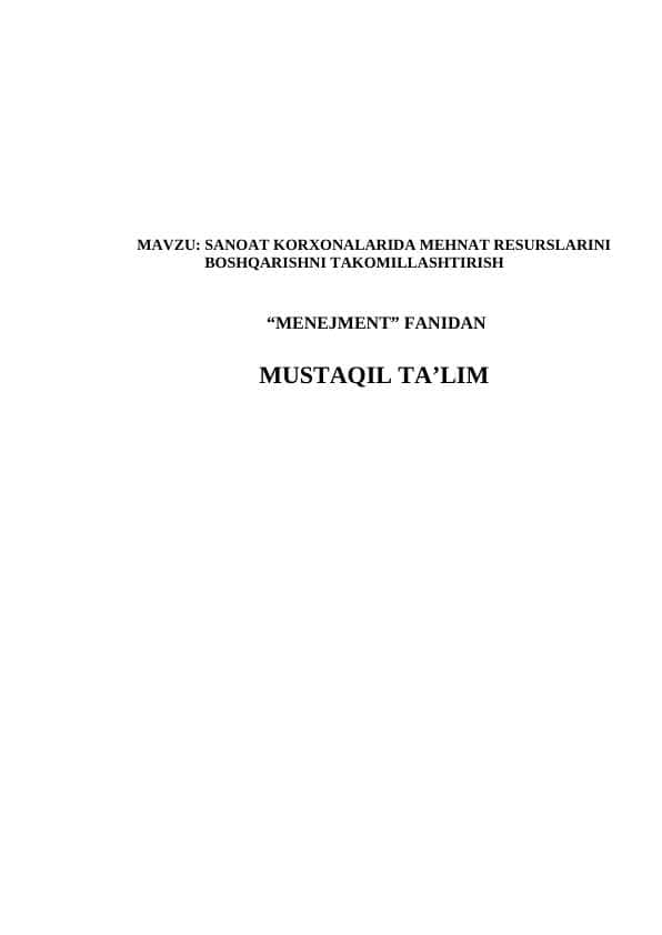 SANOAT KORXONALARIDA MEHNAT RESURSLARINI BOSHQARISHNI TAKOMILLASHTIRISH