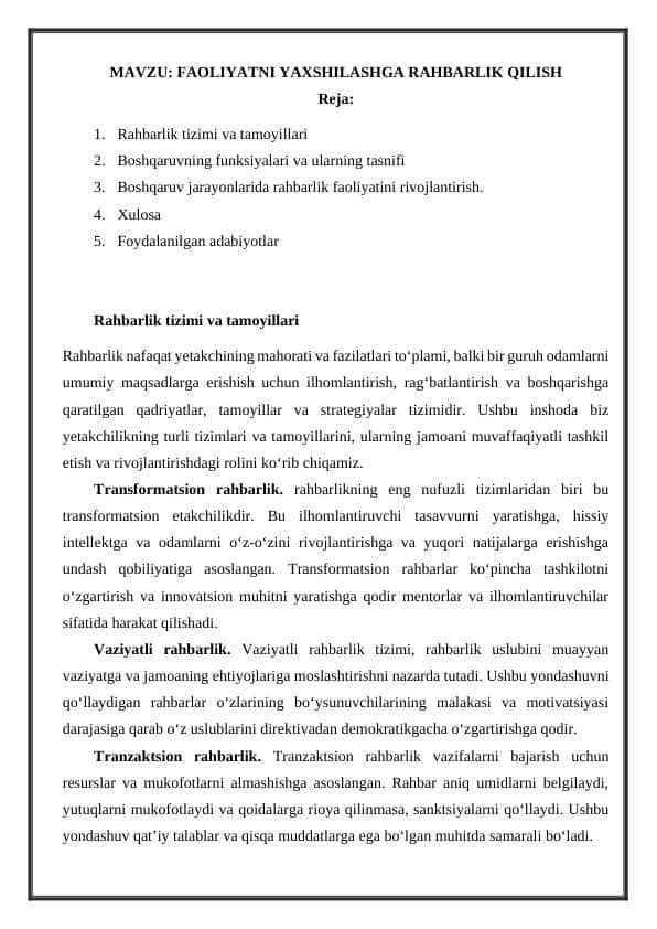 FAOLIYATNI YAXSHILASHGA RAHBARLIK QILISH