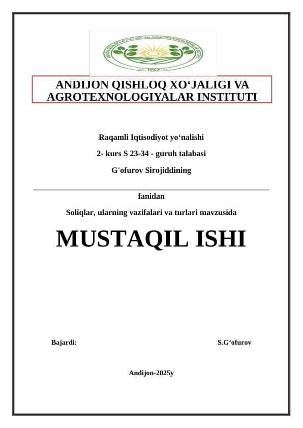 Soliqlar ularning vazifalari va turlari