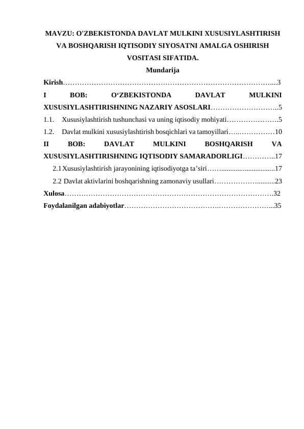 O'ZBEKISTONDA DAVLAT MULKINI XUSUSIYLASHTIRISH VA BOSHQARISH IQTISODIY SIYOSATNI AMALGA OSHIRISH VOSITASI SIFATIDA