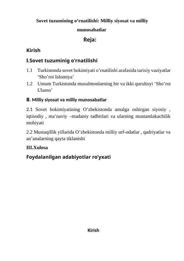 Sovet tuzumining o‘rnatilishi: Milliy siyosat va milliy