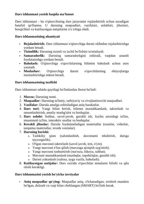 Dars ishlanmasi yozish na'muna
