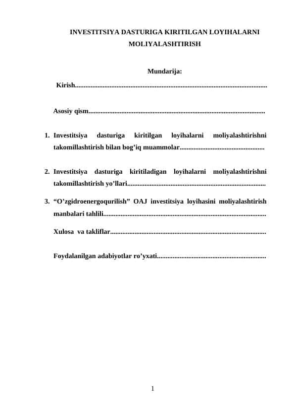 INVESTITSIYA DASTURIGA KIRITILGAN LOYIHALARNI MOLIYALASHTIRISH