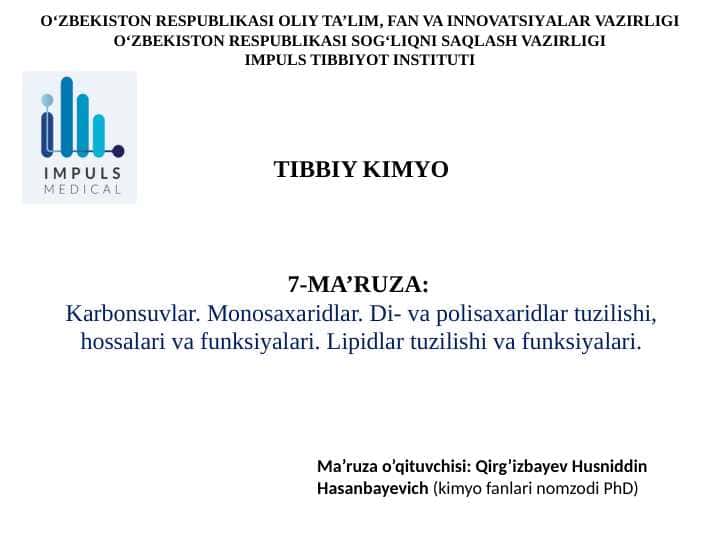 Karbonsuvlar. Monosaxaridlar. Di- va polisaxaridlar tuzilishi, hossalari va funksiyalari. Lipidlar tuzilishi va funksiyalari.