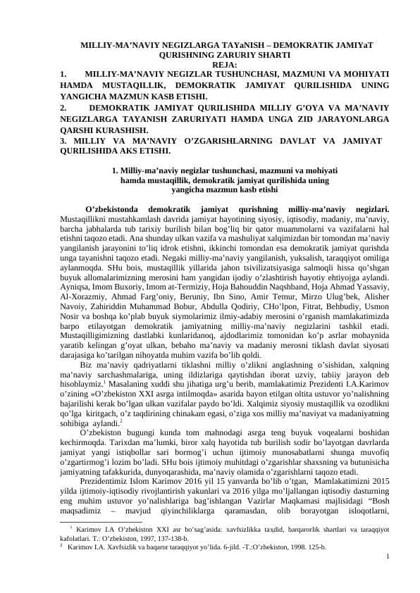 MILLIY-MA’NAVIY NEGIZLARGA TAYaNISH – DEMOKRATIK JAMIYaT QURISHNING ZARURIY SHARTI