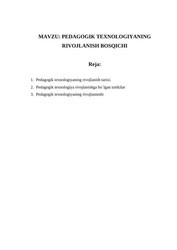 PEDAGOGIK TEXNOLOGIYANING RIVOJLANISH BOSQICHI