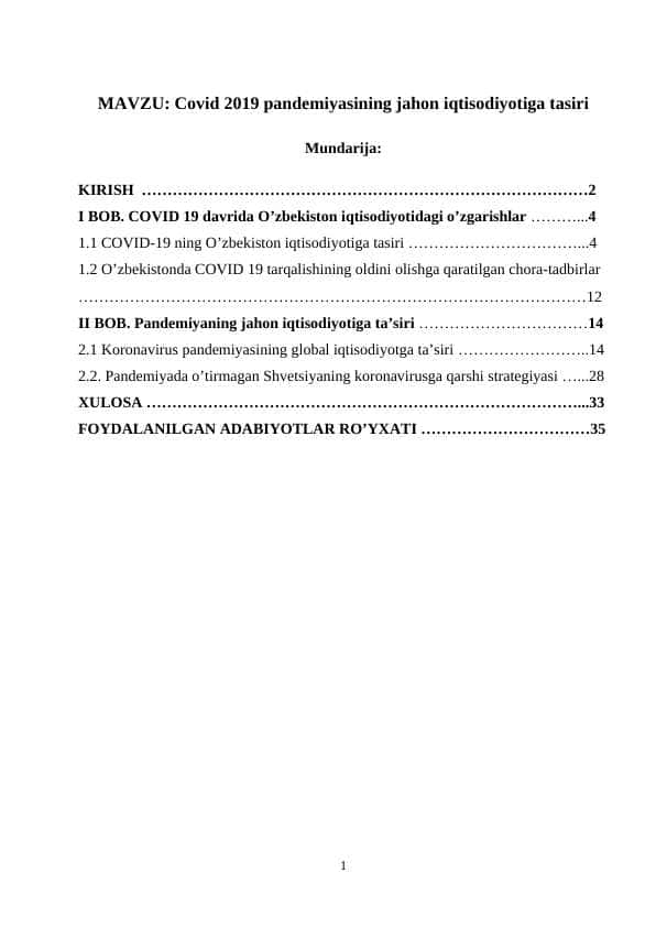 Covid 2019 pandemiyasining jahon iqtisodiyotiga tasiri