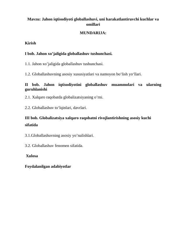Jahon iqtisodiyoti globallashuvi, uni harakatlantiruvchi kuchlar va omillari
