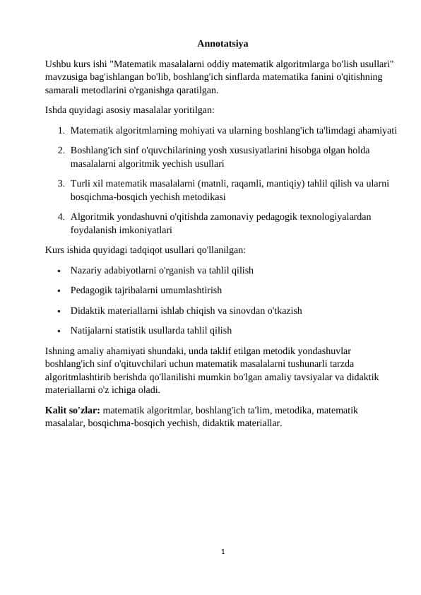 Matematik masalalarni oddiy matematik algoritmlarga bo'lish usullari
