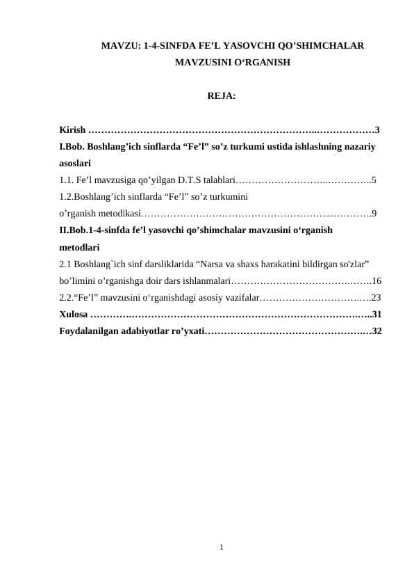 1-4-SINFDA FE’L YASOVCHI QO’SHIMCHALAR MAVZUSINI O‘RGANISH