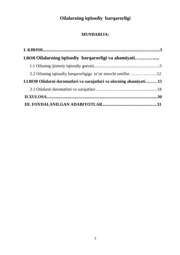 Oilalarning iqtisodiy barqarorligi