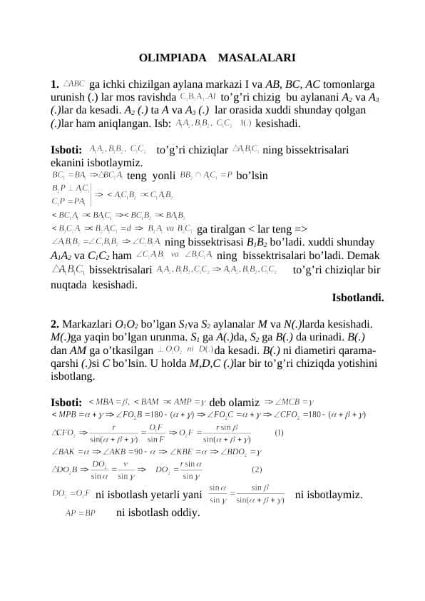 Matematikada olimpiada masalalari, yechimlari bilan