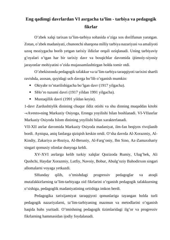 Eng qadimgi davrlardan VI asrgacha ta’lim - tarbiya va pedagogik fikrlar