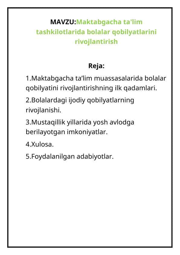 Maktabgacha ta'lim tashkilotlarida bolalar qobilyatlarini rivojlantirish