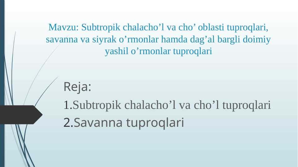 Subtropik chalacho‘l va cho‘ oblasti tuproqlari, savanna va siyrak o‘rmonlar hamda dag‘al bargli doimiy yashil o‘rmonlar tuproqlari