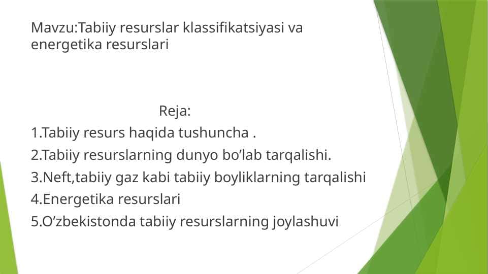 Tabiiy resurslar, klassifikatsiyasi va energetika resurslari