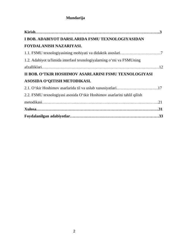 Adabiyot darslarida FSMU texnologiyasidan foydalanish metodikasi.Oʻtkir Hoshimov hikoyalari asosida