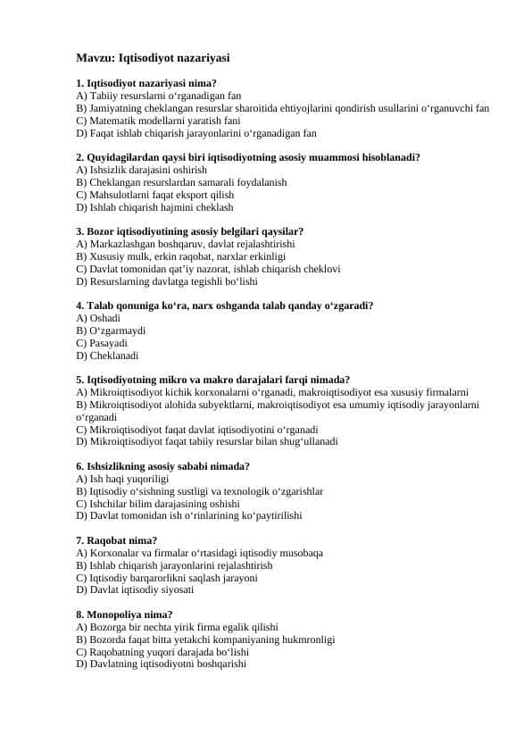 Iqtisodiyot nazariyasi TEST