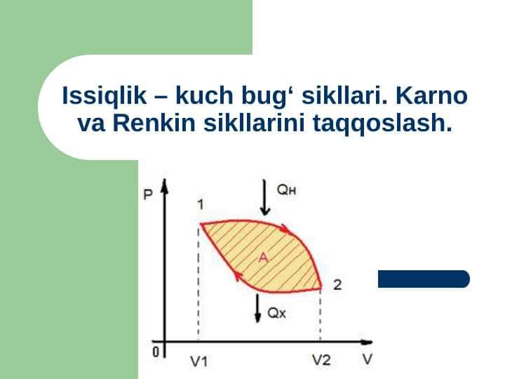 Issiqlik – kuch bug‘ sikllari. Karno va Renkin sikllarini taqqoslash.
