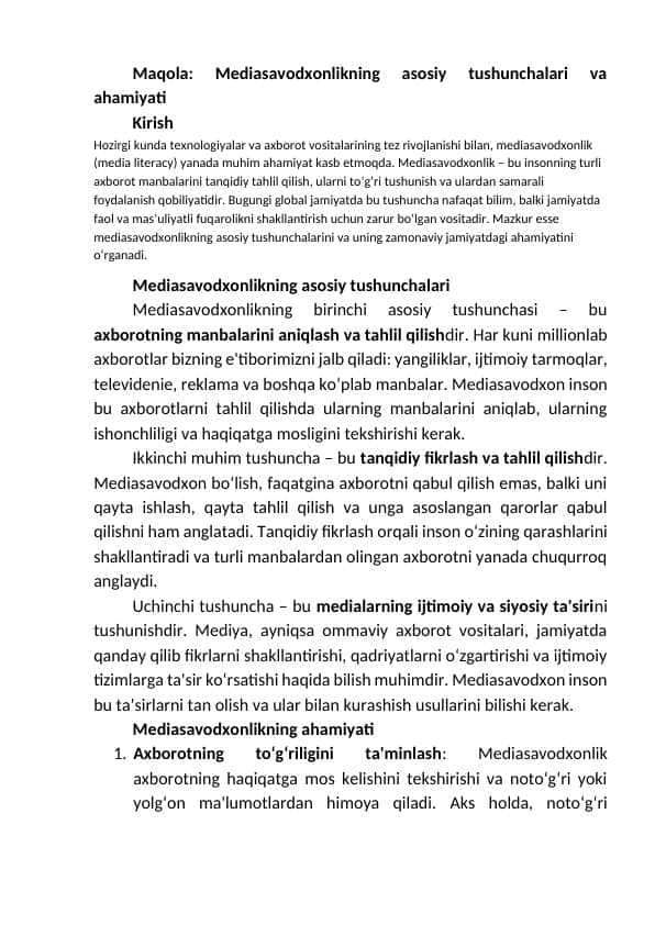 Mediasavodxonlikning asosiy tushunchalari va ahamiyati