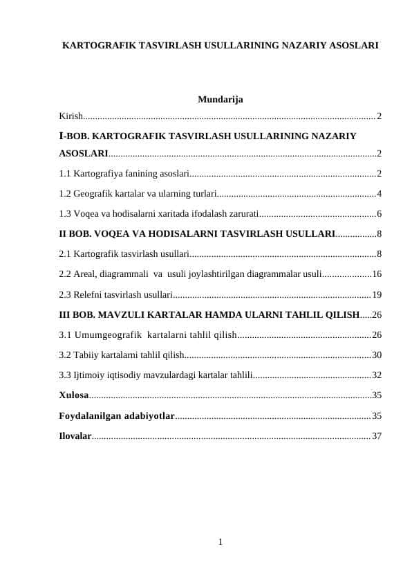 KARTOGRAFIK TASVIRLASH USULLARINING NAZARIY ASOSLARI