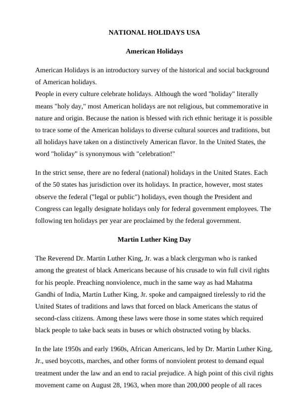 NATIONAL HOLIDAYS USA