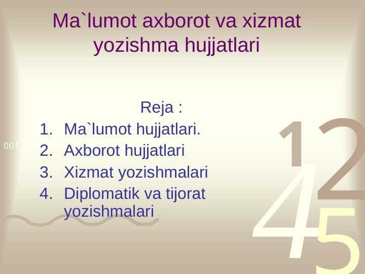 Ma`lumot axborot va xizmat yozishma hujjatlari