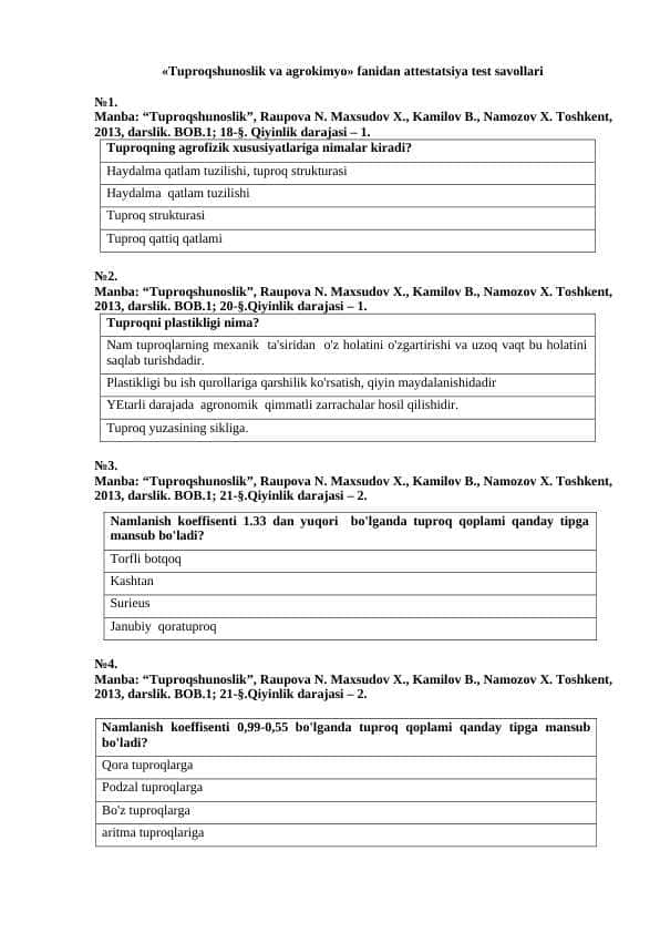 «Tuproqshunoslik va agrokimyo» fanidan attestatsiya test savollari