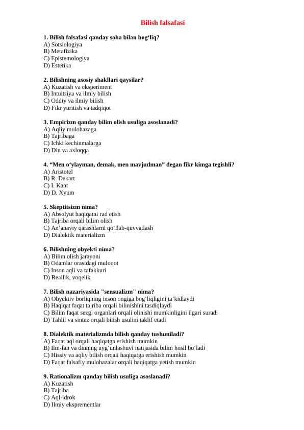 Bilish falsafasi mavzusida 20 talik test javoblari bilan