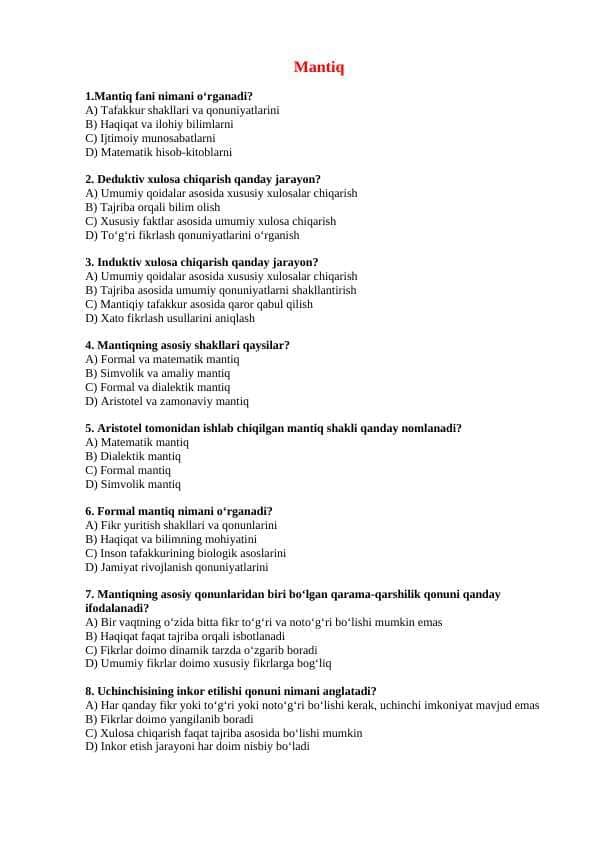 Mantiq mavzusida 20 talik test javoblari bilan