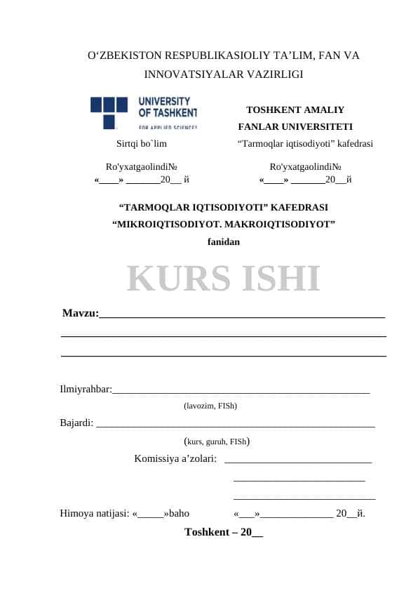IQTISODIYOTNING REAL SEKTORI VA KORXONALARNING IQTISODIY SAMARADORLIGINI OSHIRISH KURS ISHI