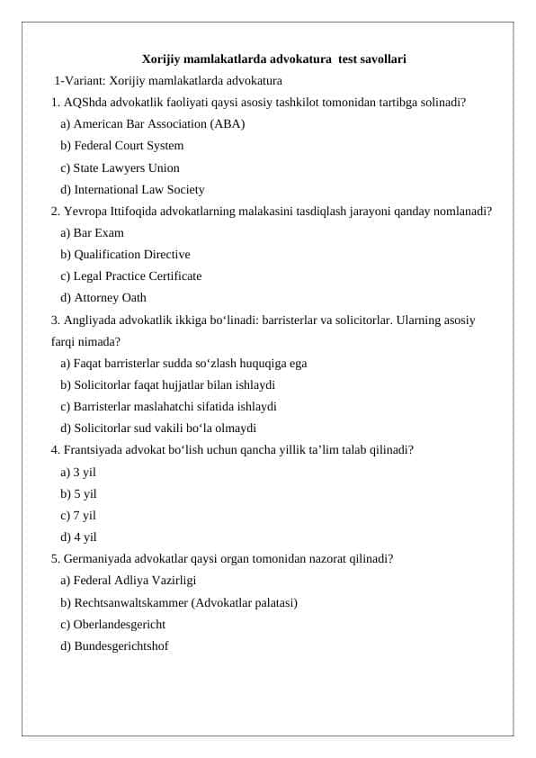 Xorijiy mamlakatlarda advokatura test savollari