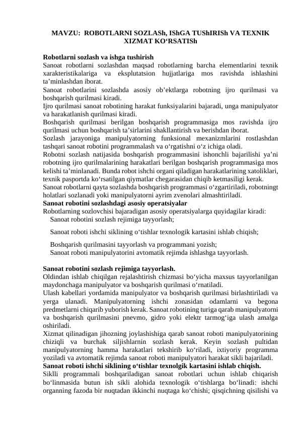 ROBOTLARNI SOZLASh, IShGA TUShIRISh VA TEXNIK XIZMAT KO‘RSATISh