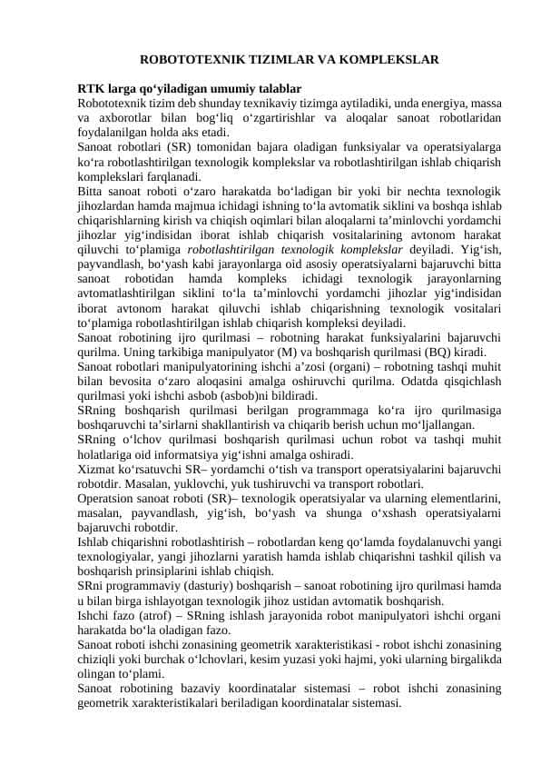ROBOTOTEXNIK TIZIMLAR VA KOMPLEKSLAR