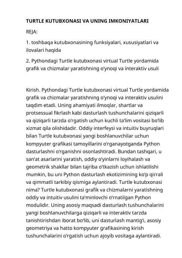 TURTLE KUTUBXONАSI VА UNING IMKONIYАTLАRI