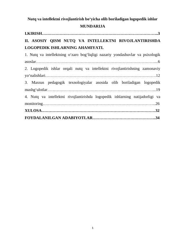 Nutq va intellektni rivojlantirish boʻyicha olib boriladigan logopedik ishlar