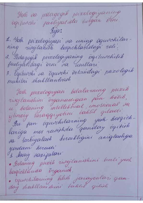 Yosh va pedagogik psixologiyaning o'qituvchi faoliyatida tutgan o'rni