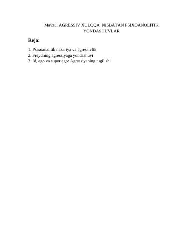 AGRESSIV XULQQA NISBATAN PSIXOANOLITIK YONDASHUVLAR