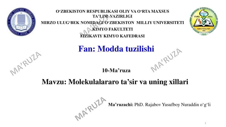 Molekulalararo ta’sir va uning xillari