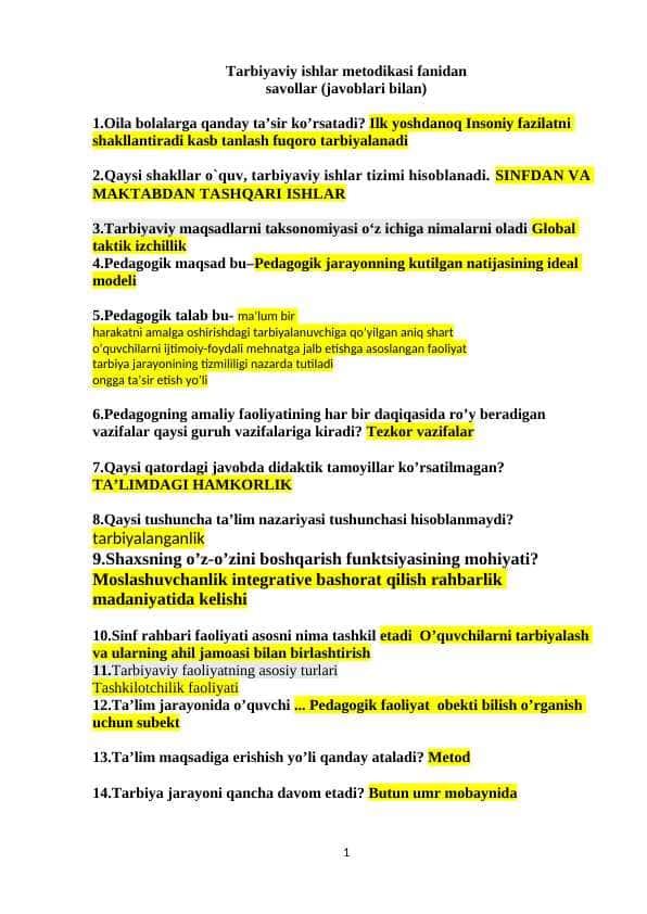 Tarbiyaviy ishlar metodikasi fanidan savollar (javoblari bilan)