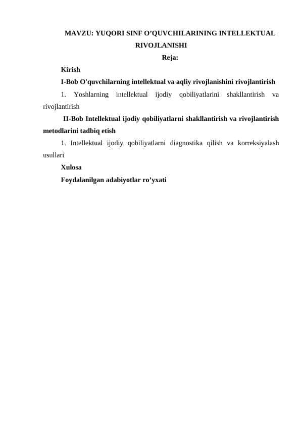 YUQORI SINF O’QUVCHILARINING INTELLEKTUAL RIVOJLANISHI