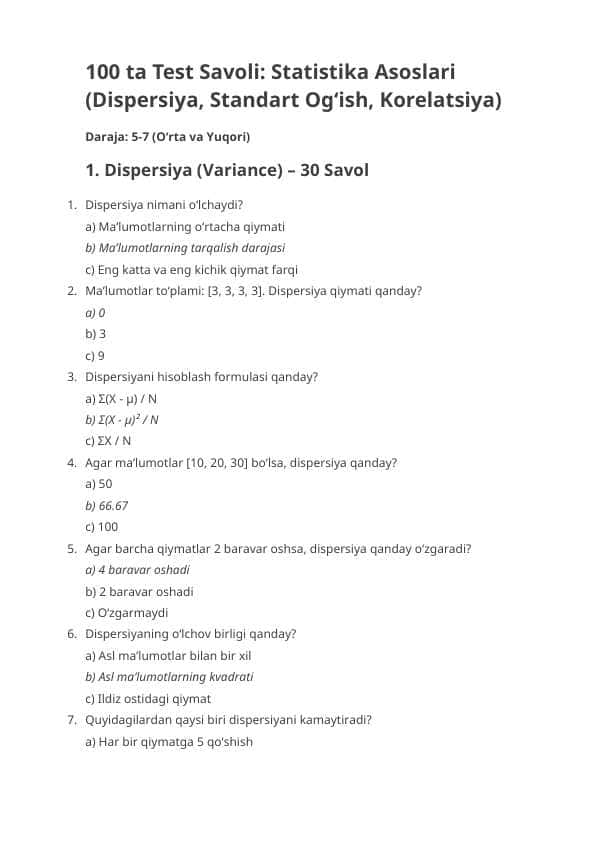 Statistika Asoslari: Dispersiya, Standart Og‘ish va Korelatsiya | Statistika Darsligi
