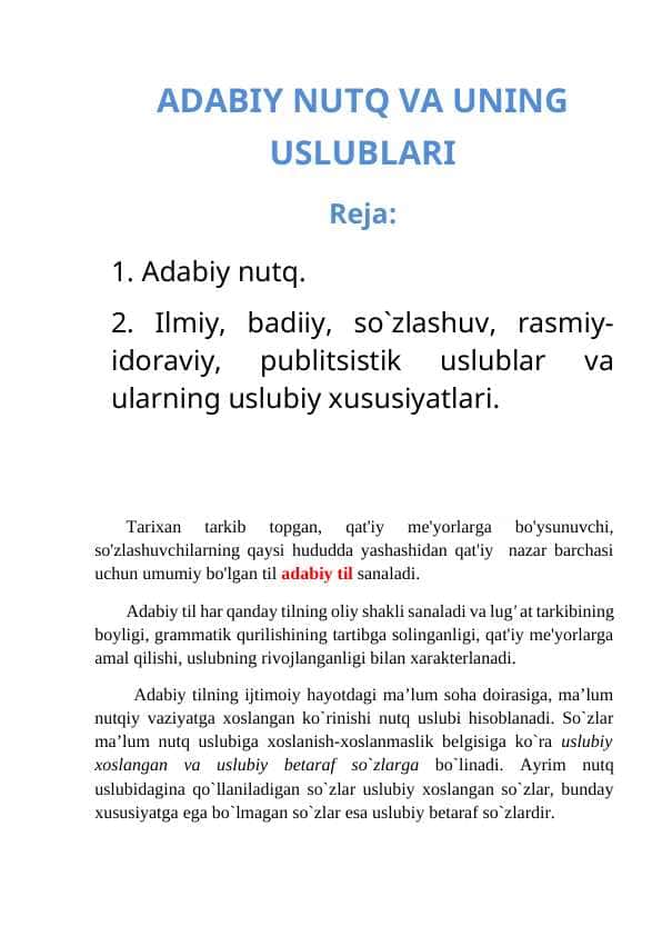 "Adabiy Nutq va Unga Xos Uslublar" - To'liq Qo'llanma | Adabiyotshunoslik, Tilshunoslik va Jurnalistika Talabalari Uchun