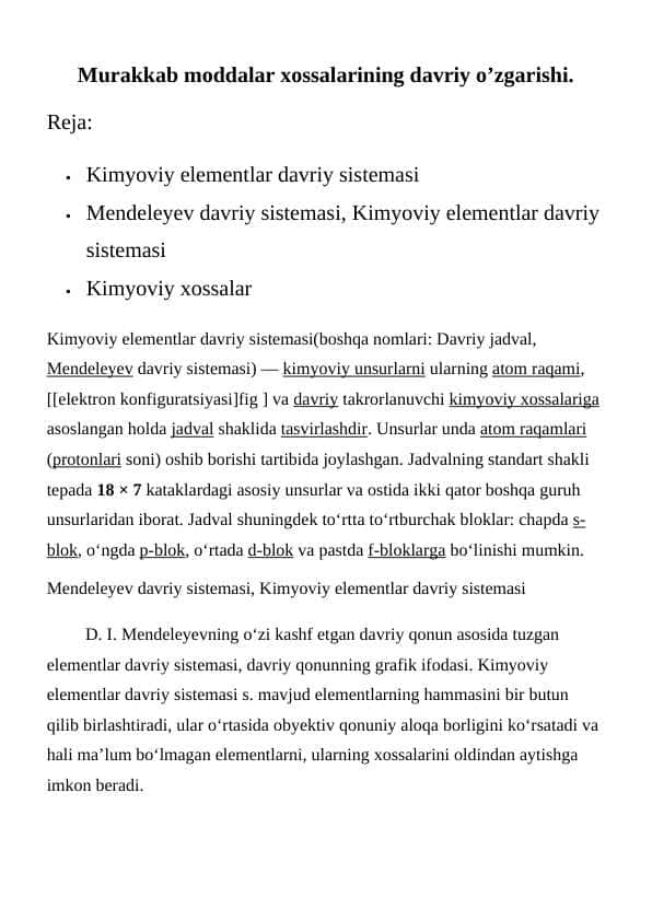 "Murakkab Moddalar Xossalari va Davriy Sistemadagi Oʻzgarishlar" - Kimyo Fanidan Mustaqil Ish Uchun Toʻliq Qoʻllanma | Talabalar va Oʻqituvchilar Uchun