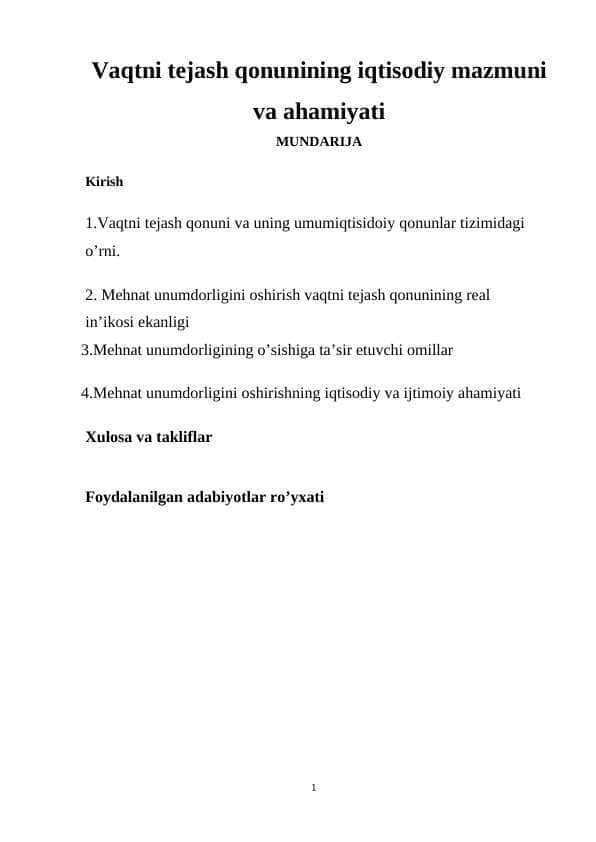 "Vaqtni Tejash Qonuni: Iqtisodiy Mazmuni va Ahamiyati" - 1-Kurs Talabalari uchun Mustaqil Ish | Iqtisodiyot Fanidan To'liq Qo'llanma