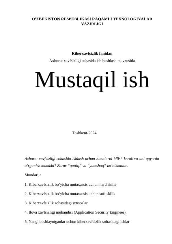 Axborot xavfsizligi sohasida ish boshlash mavzusida