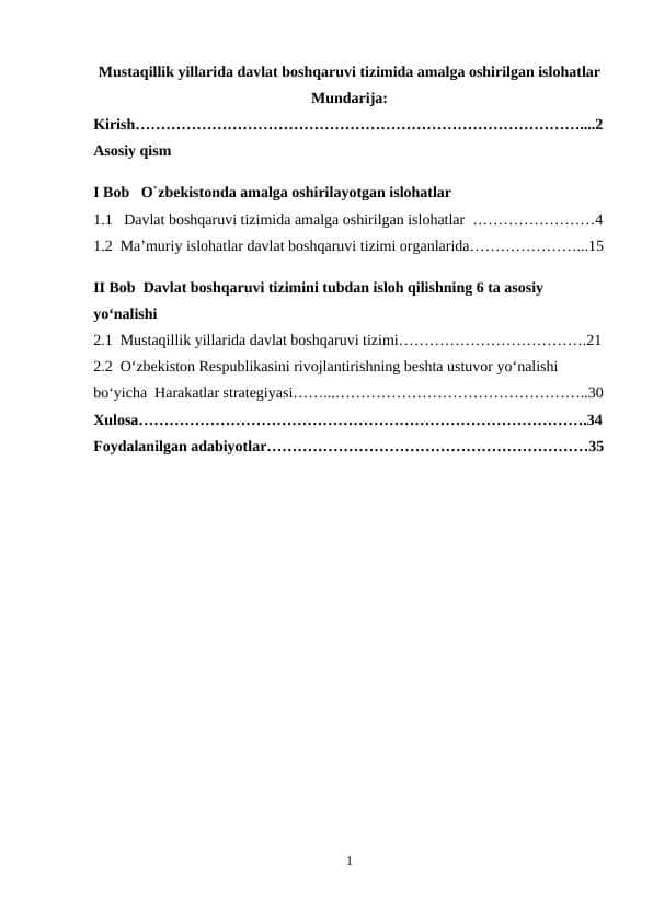Mustaqillik yillarida davlat boshqaruvi tizimida amalga oshirilgan islohatlar